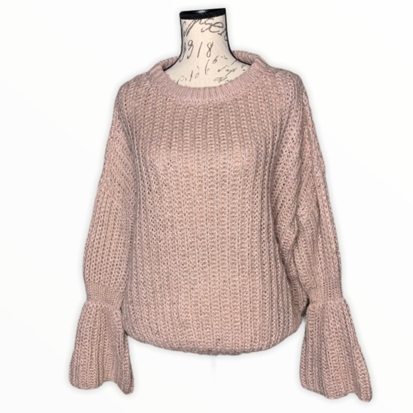 Bell Sleeve Chunky Blush Knit Crew Neck Sweater - Picture 1 of 5